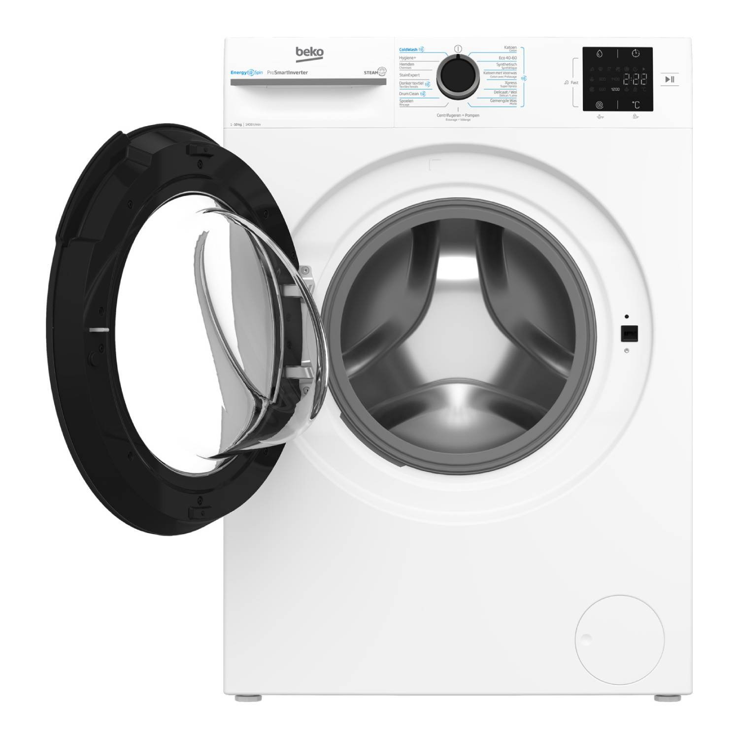 Witte Beko wasmachine met open zwarte deur. Digitaal display toont tijd en instellingen. Bedieningspaneel zichtbaar.