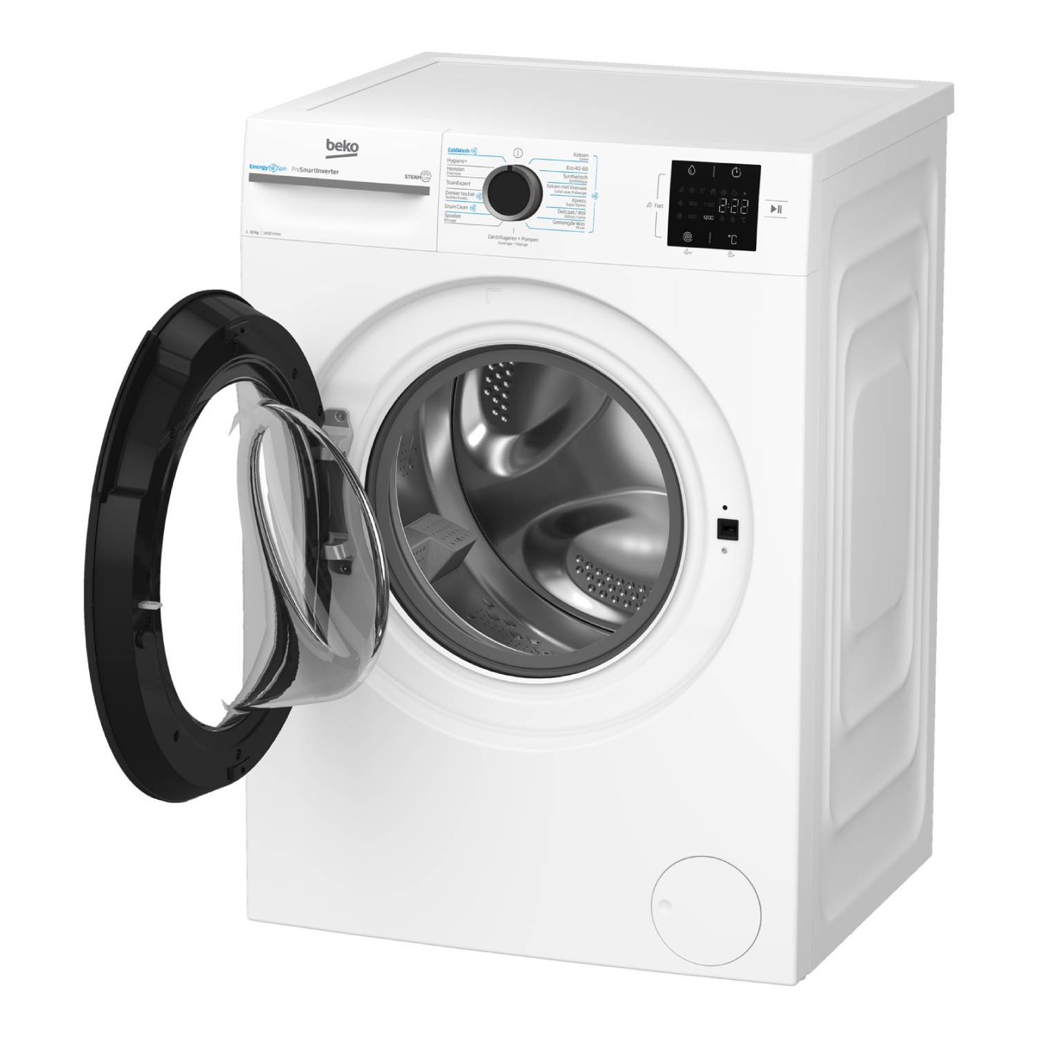 Een witte Beko wasmachine met een open zwarte deur. Het bedieningspaneel toont instellingen en een display.