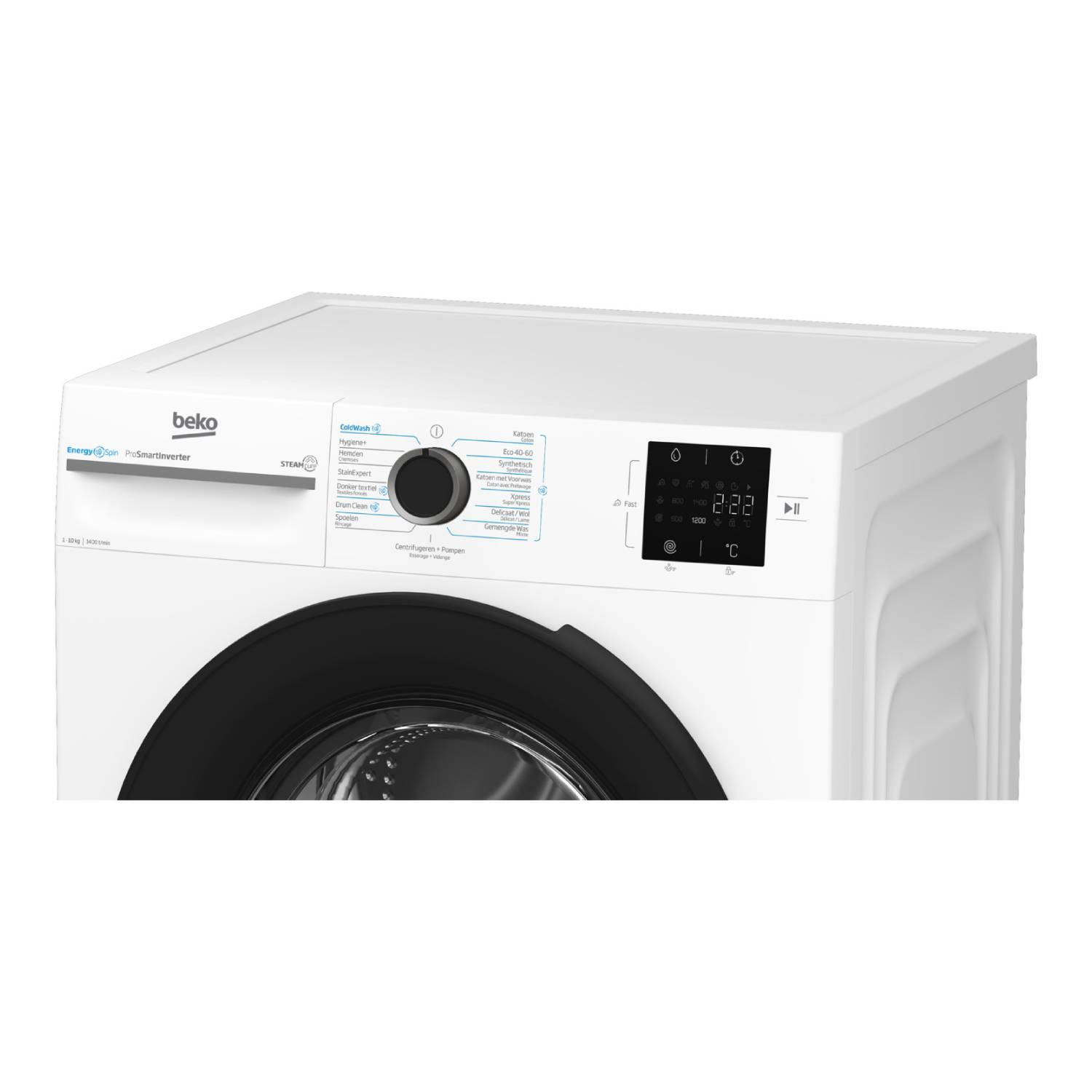 Witte Beko wasmachine met zwarte deur en bedieningspaneel. Display toont tijd. Verschillende wasprogramma's.