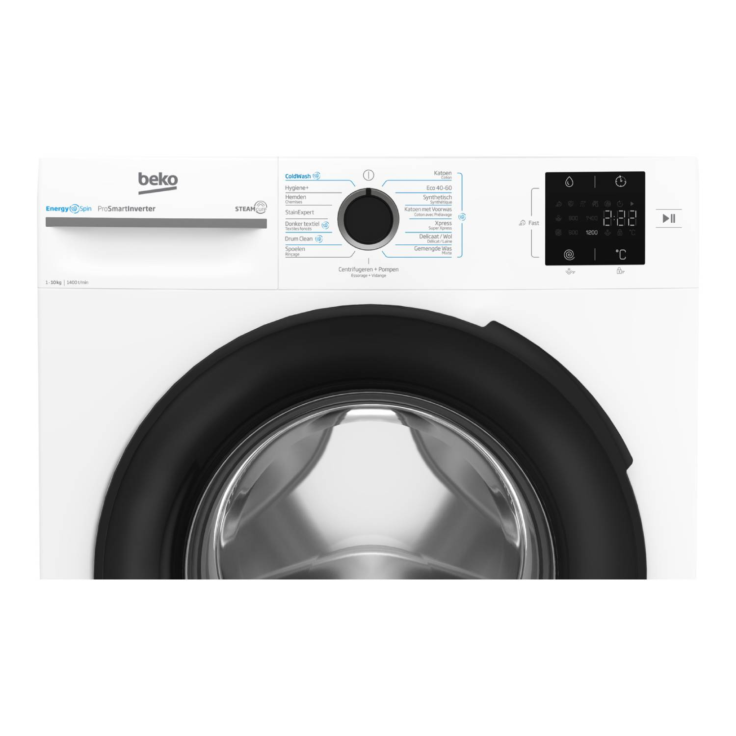 Vooraanzicht van witte Beko wasmachine. Heeft een zwarte deur, knoppen en een digitaal display met 2:22 en temperatuur instellingen.