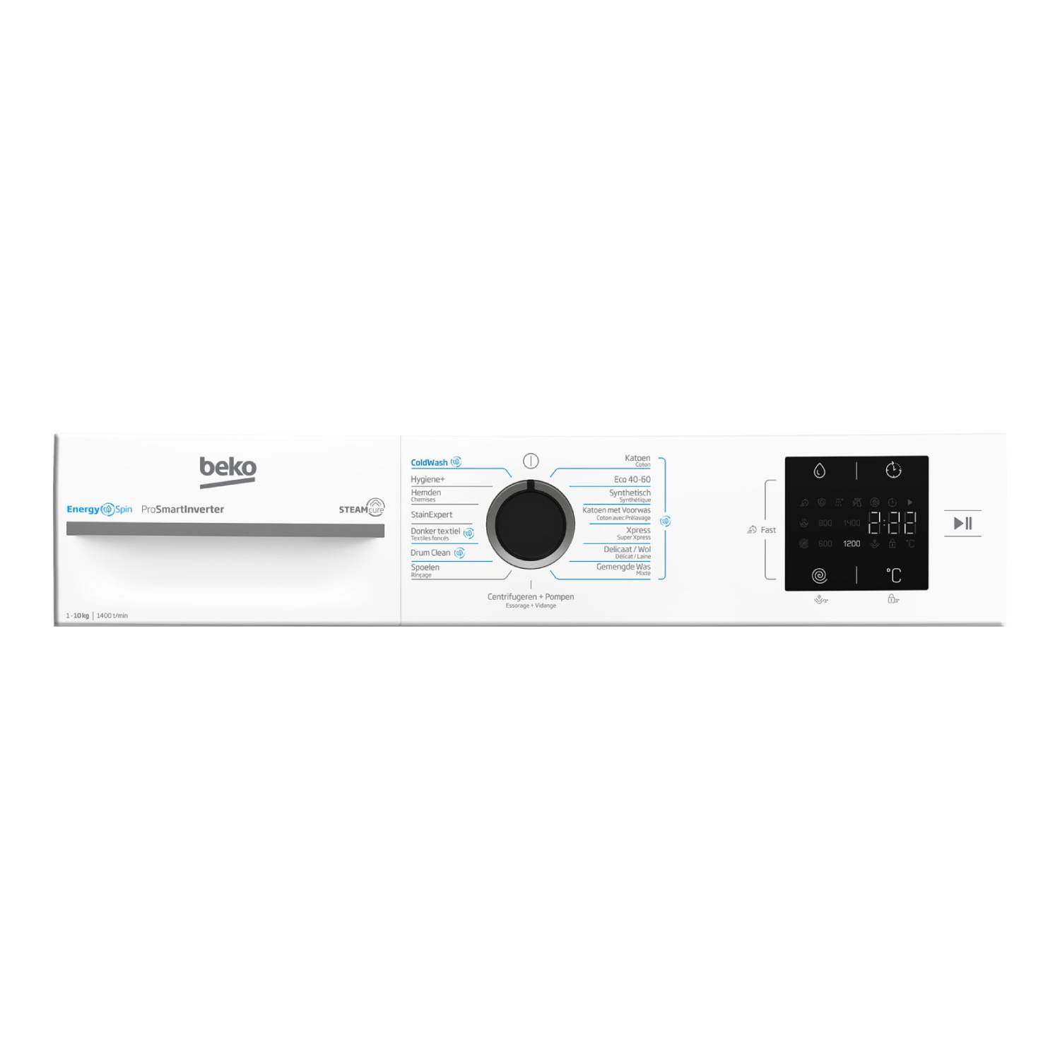 Witte Beko droger met bedieningspaneel met instellingen, een digitaal display en knoppen voor verschillende functies.