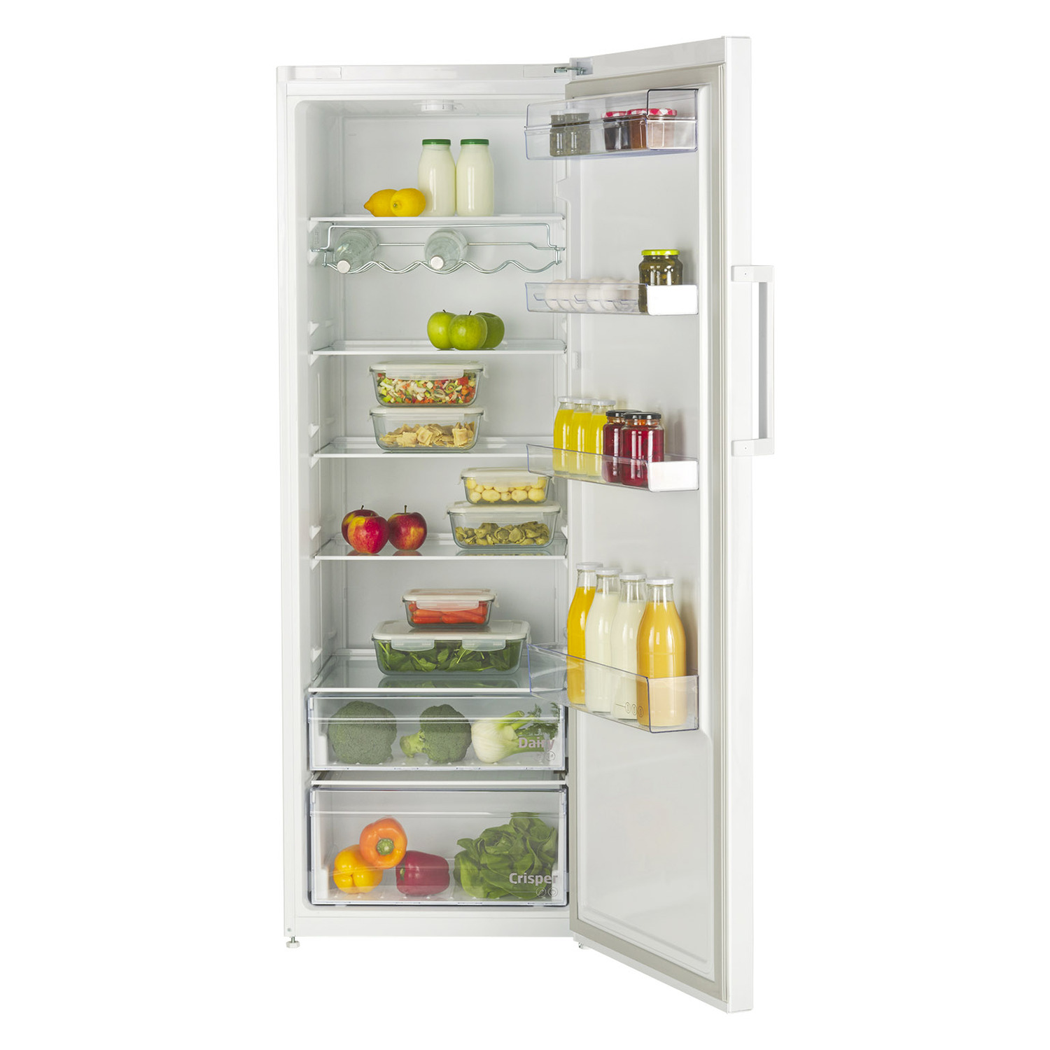 Open fridge filled with food: fruits, vegetables, jars, bottles, and containers. The fridge is white and has multiple shelves.
