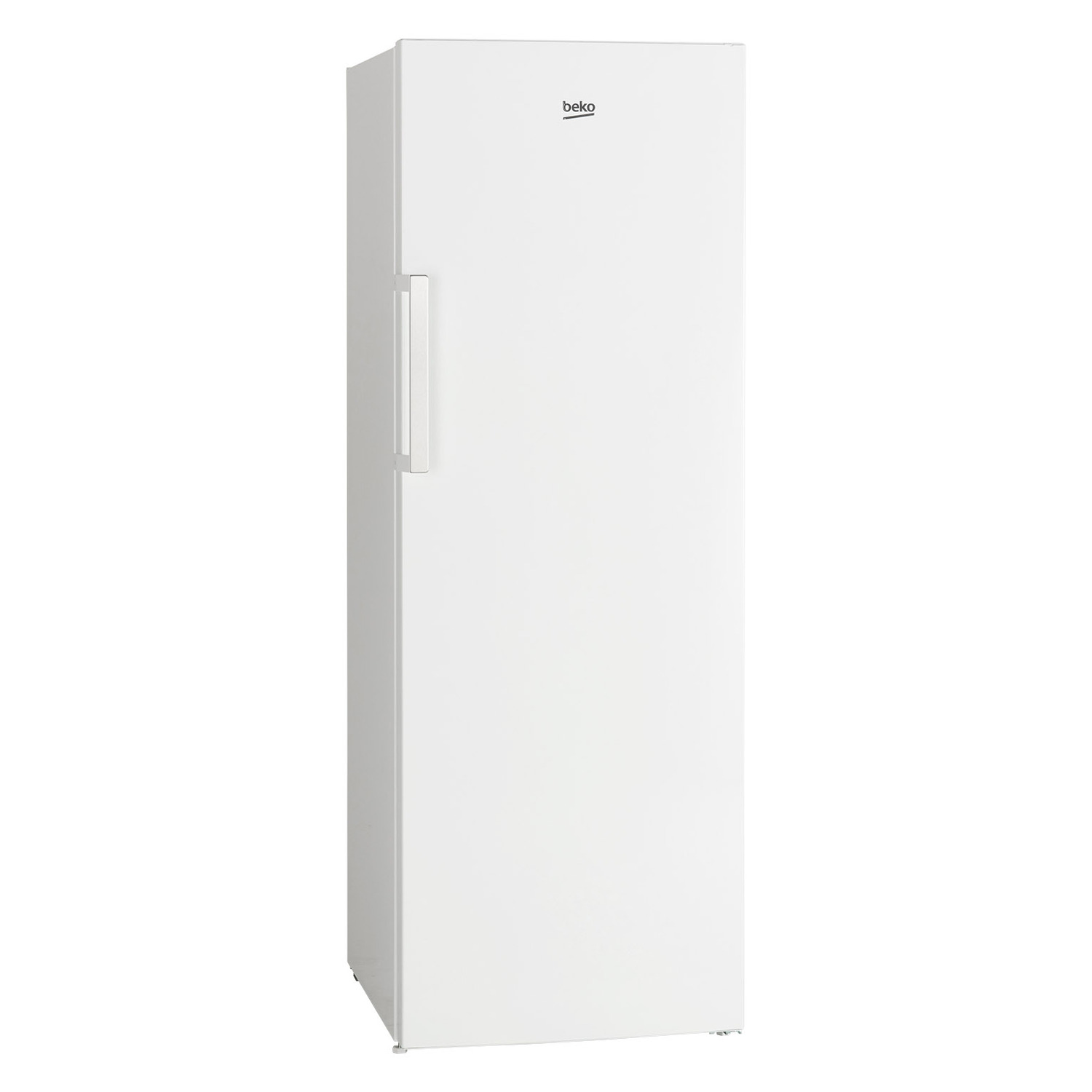 A white Beko upright freezer. It has a long handle, a logo at the top, and is on a white background.