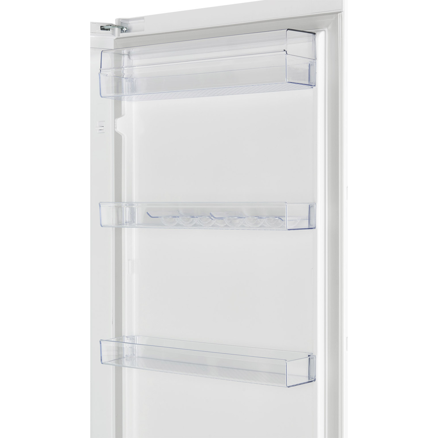 Empty white refrigerator interior with three clear plastic shelves. The door is open. Background is white.
