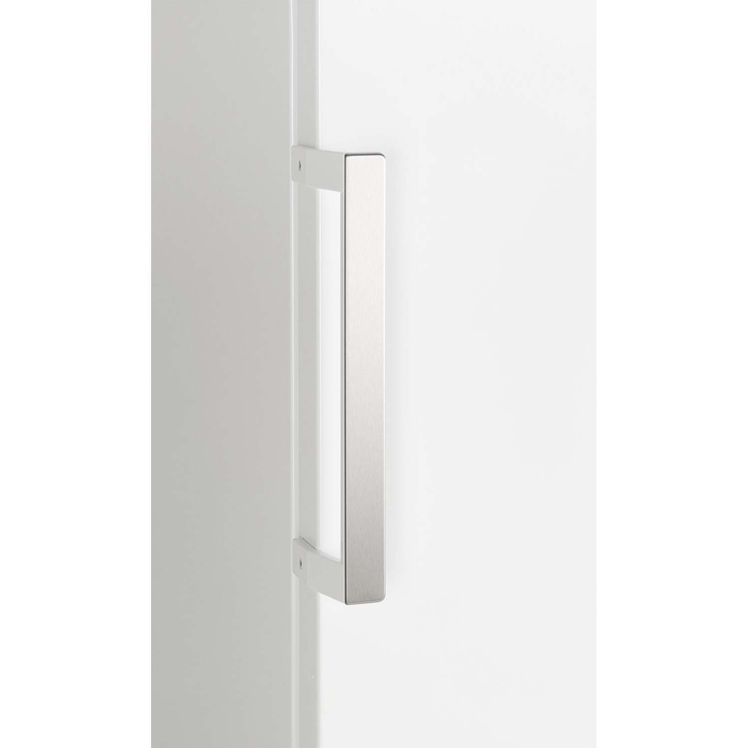 Close-up of a white door with a rectangular, silver handle. The handle is centered and vertical on the door.