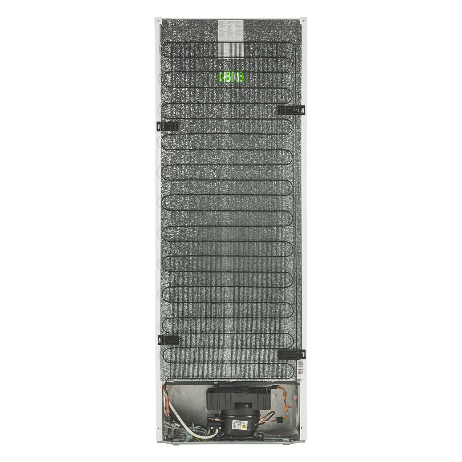 Back of a refrigerator. Features cooling coils, a compressor, and the C-Pentane label. The background is white.