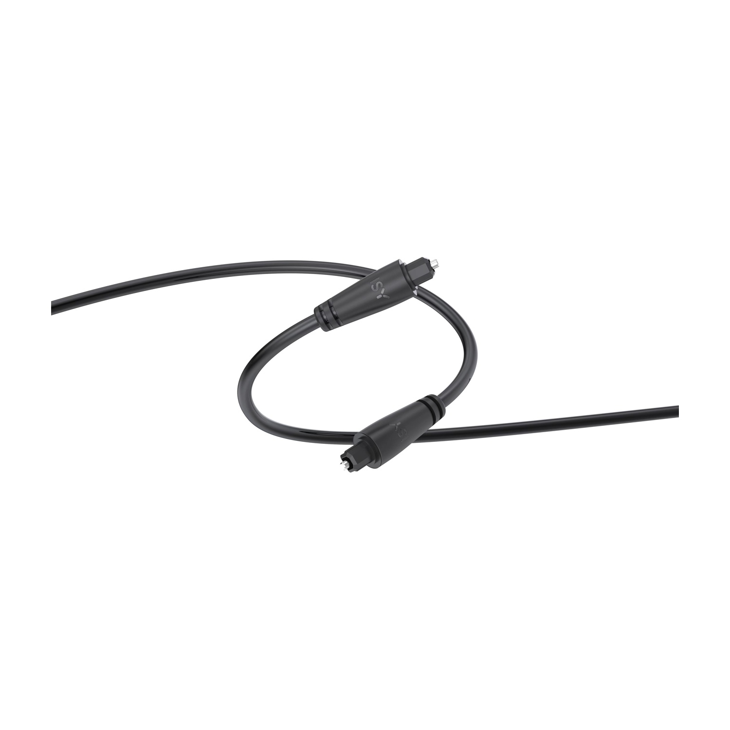 Cavo audio ottico nero su sfondo bianco. Il cavo ha due connettori ed è curvo ad anello.