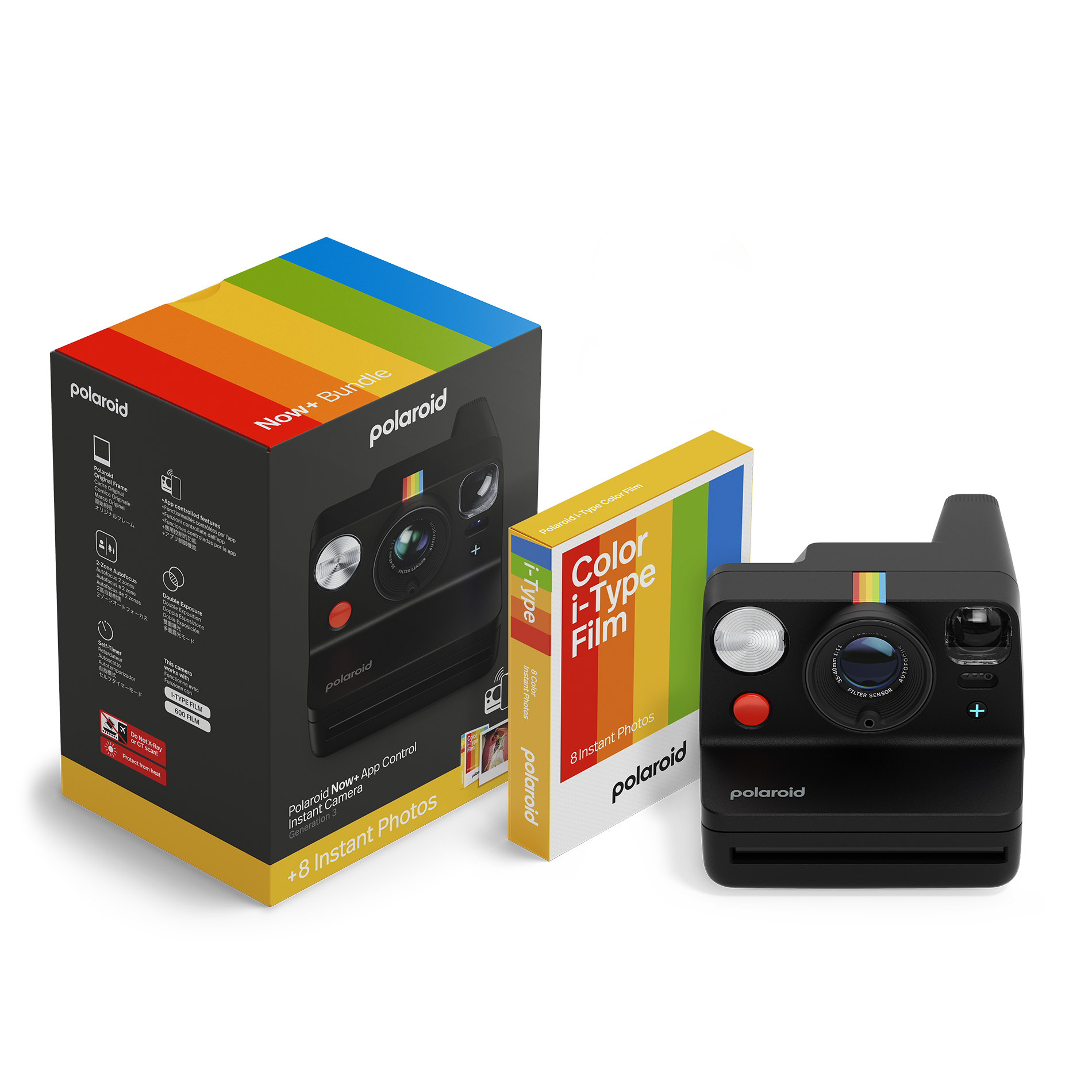 Polaroid kamera, kutu ve film. Siyah bir kamera, gökkuşağı olan bir kutu ve bir film paketi.