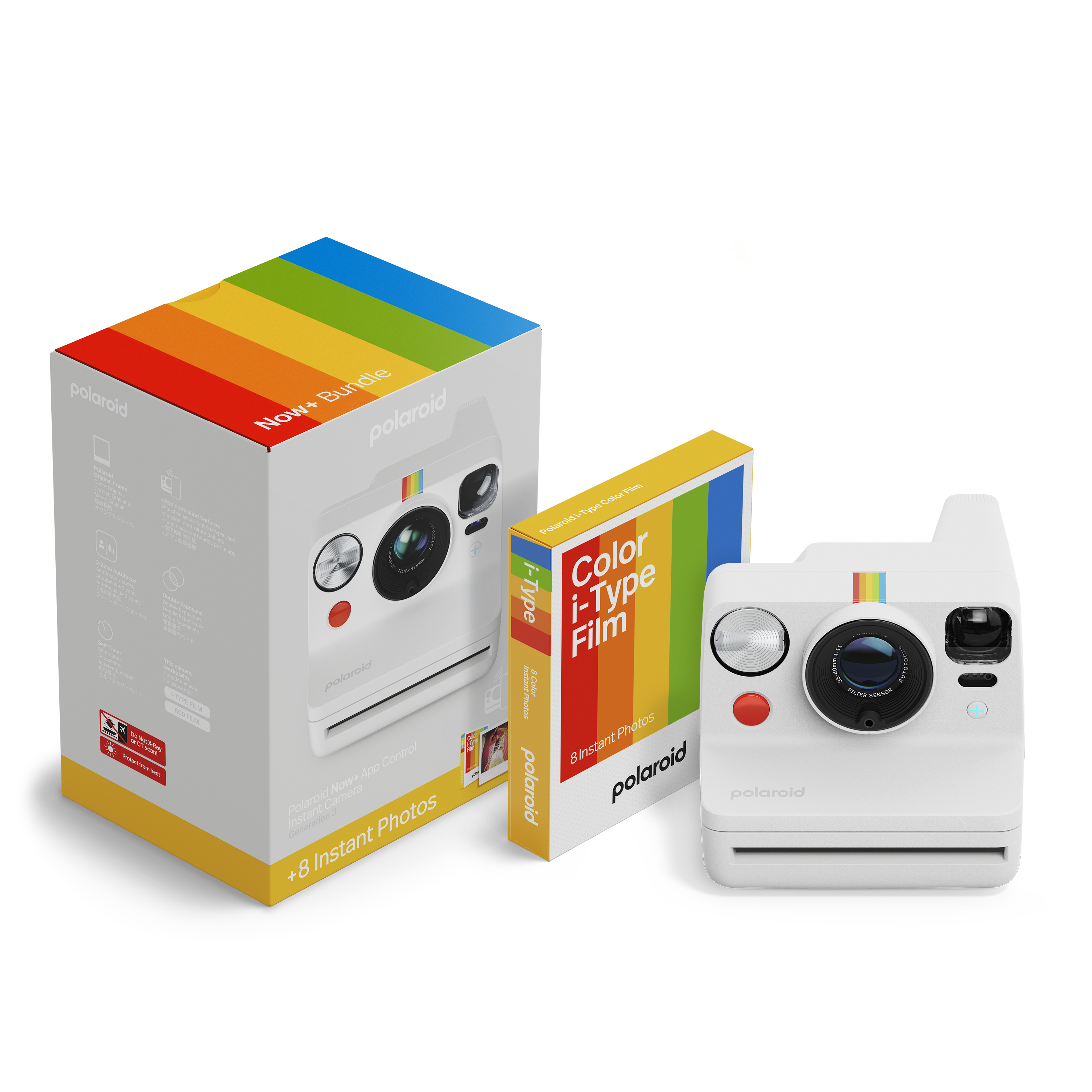 Bir Polaroid Now kamera ve beyaz bir kutuda paketlenmiş, gökkuşağı tasarımlı bir kutu i-Type film.
