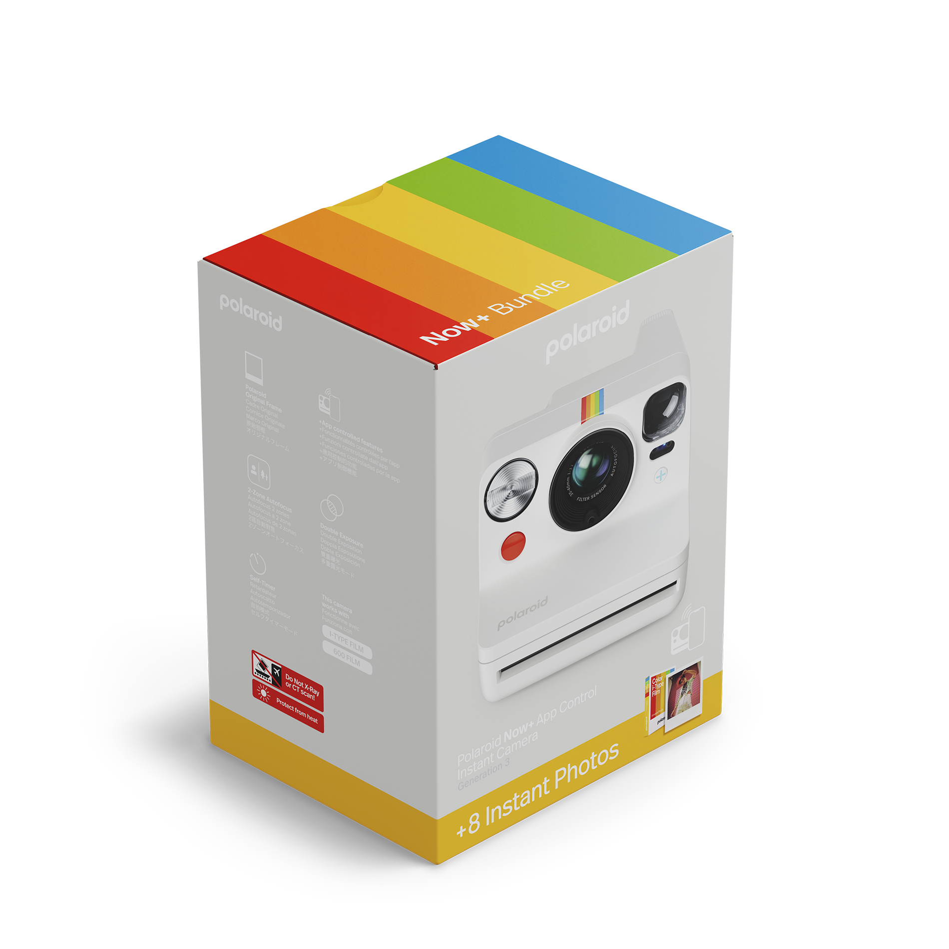 Beyaz bir Polaroid Now kamera, kapağında gökkuşağı tasarımı olan beyaz bir kutunun içinde paketlenmiş.