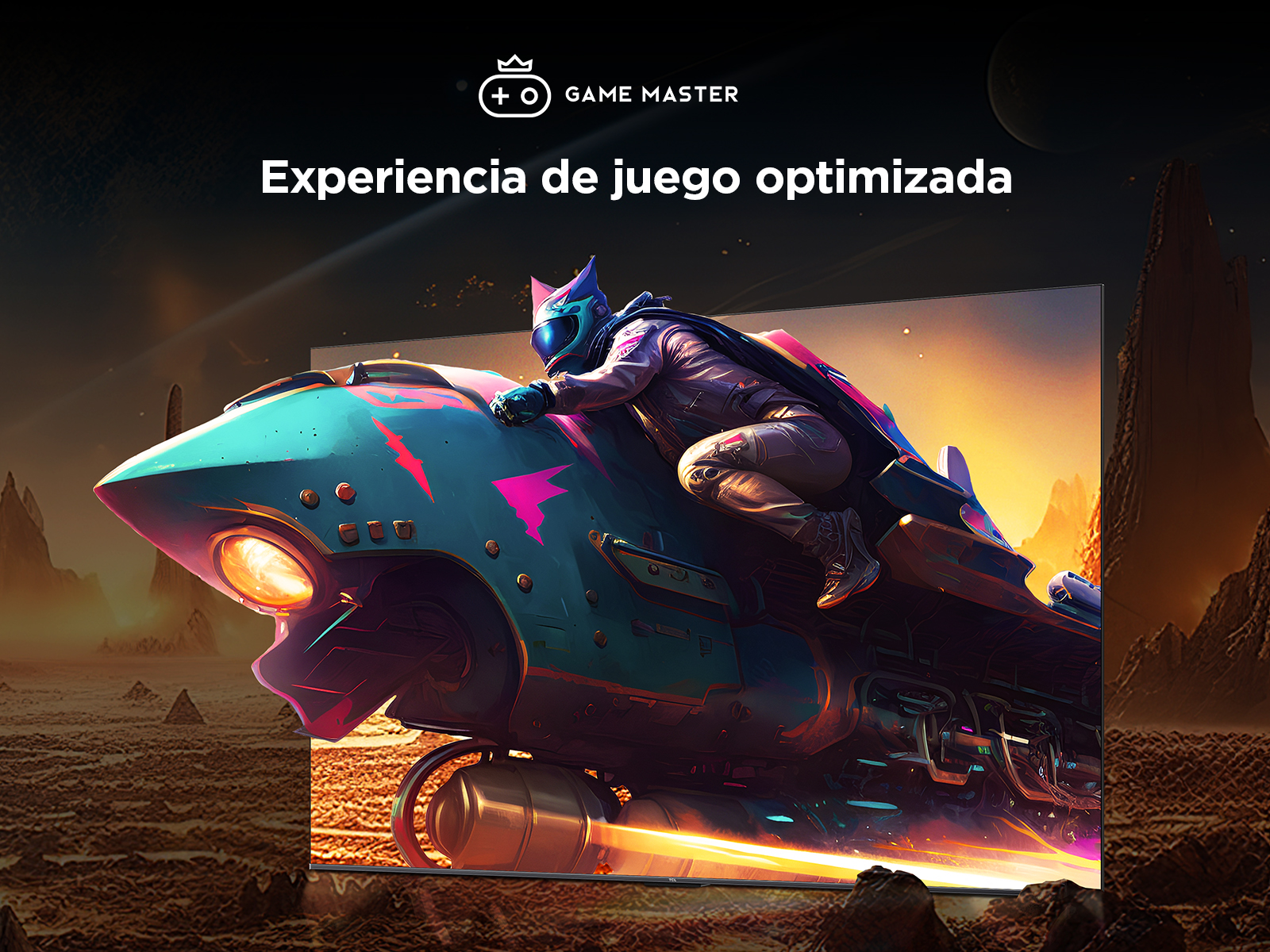 Pantalla de TV con escena futurista de un corredor en un vehículo. Texto: Game Master, juegos optimizados.