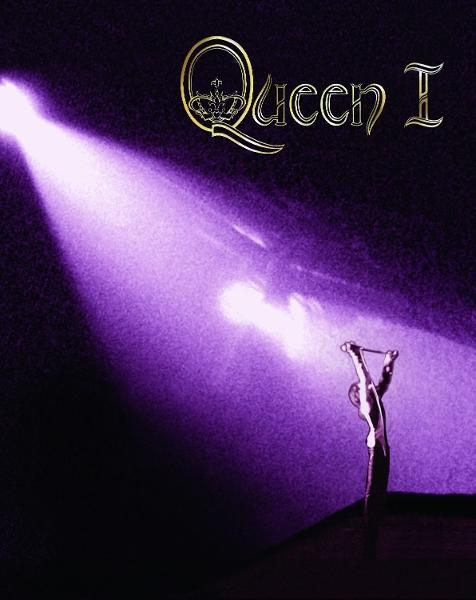 A purple spotlight illuminates a figure with raised arms, below the golden "Queen I" logo on a dark background.