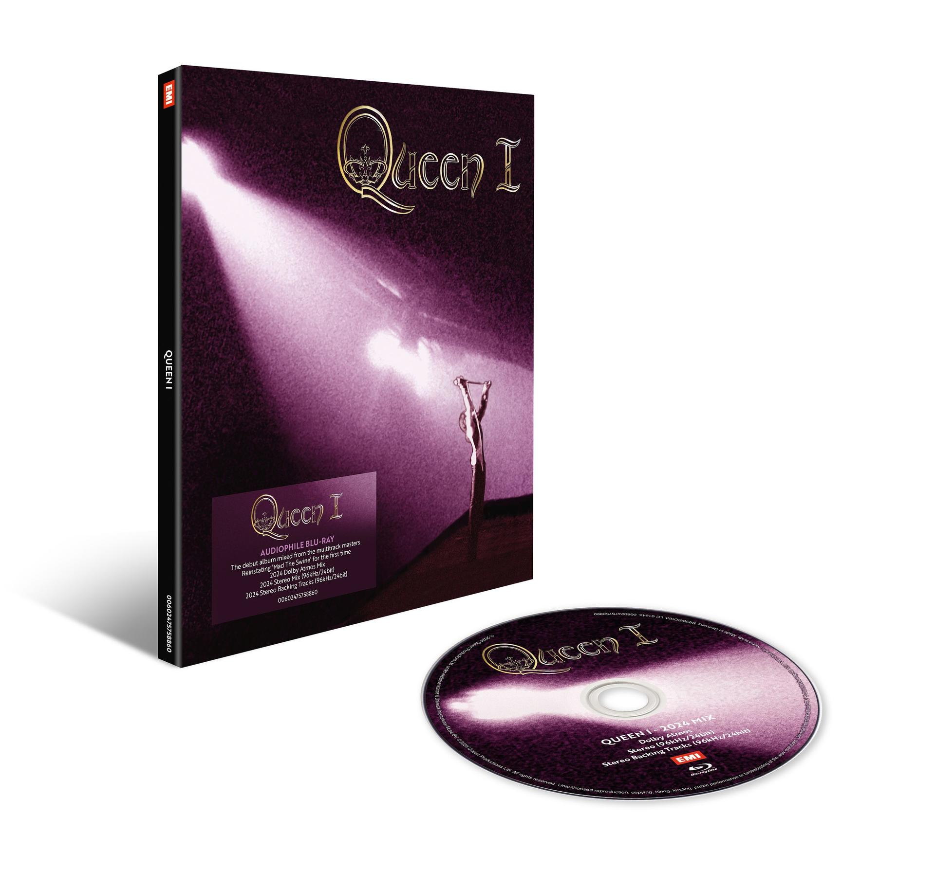 Queen I Blu-ray disc. Cover features album art with gold text and a spotlight. Disc is in front.
