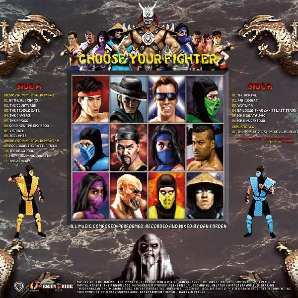 Mortal Kombat Albumcover, Charaktere aus dem Spiel. Wähle deinen Kämpfer Text. Dunkler Hintergrund.