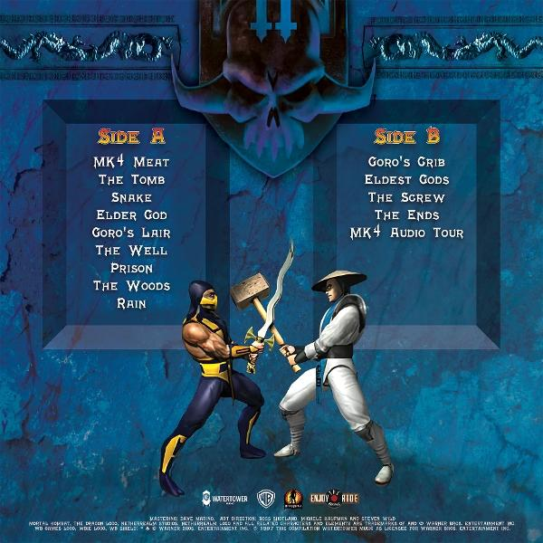 Zwei Mortal Kombat-Charaktere stehen sich gegenüber, einer mit Hammer, der andere mit Schwert, vor blauem Hintergrund mit Listen.