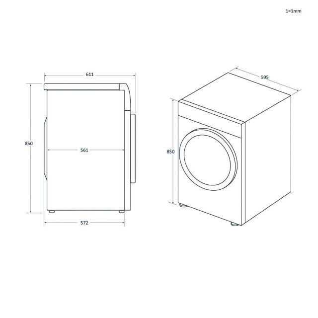 Diagramm einer Waschmaschine. Zeigt Vorder- und Seitenansichten mit Abmessungen in mm. Weißer Hintergrund.