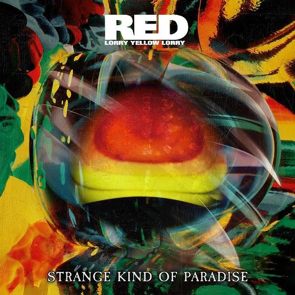 Abstrakte Kunst mit Text 'RED' und 'Strange Kind of Paradise'. Enthält rote und gelbe Farbtöne in einer verzerrten Glasform.