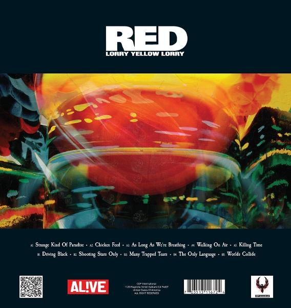 Albumcover für "RED - Lorry Yellow Lorry". Enthält abstrakte Kunst in Rot, Gelb und Blau. Text enthält Songtitel und Bandnamen.