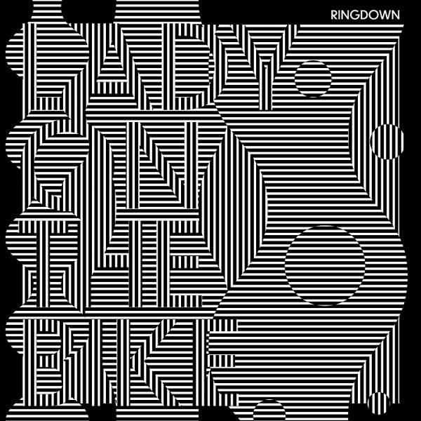 Schwarz-weißes geometrisches Design. Text lautet 'RINGDOWN' und 'FROM THE CIRCLE'. Kreise und Linien bilden ein komplexes Muster.
