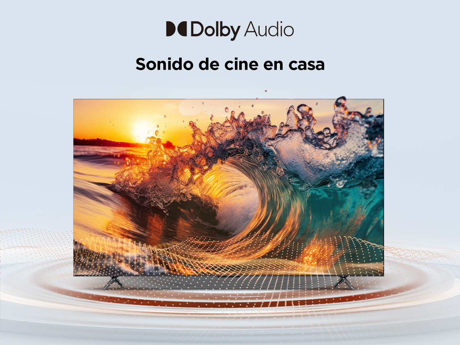 Pantalla de TV que muestra una imagen de una ola y un logotipo de Dolby Audio.