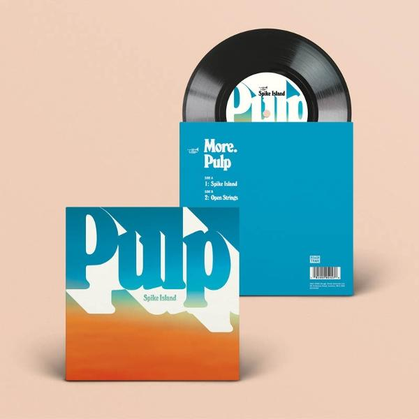 Eine Schallplatte mit blauem Cover und einer quadratischen Hülle mit dem Schriftzug 'Pulp'. Die Platte trägt den Titel 'More. Pulp'.
