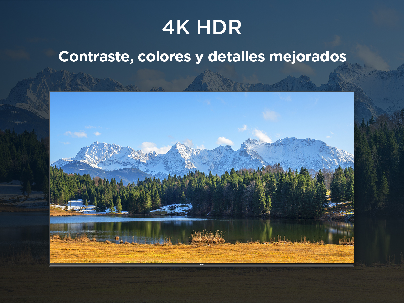 TV mostrando paisaje montañoso. Texto: 4K HDR, Contraste, colores y detalles mejorados.