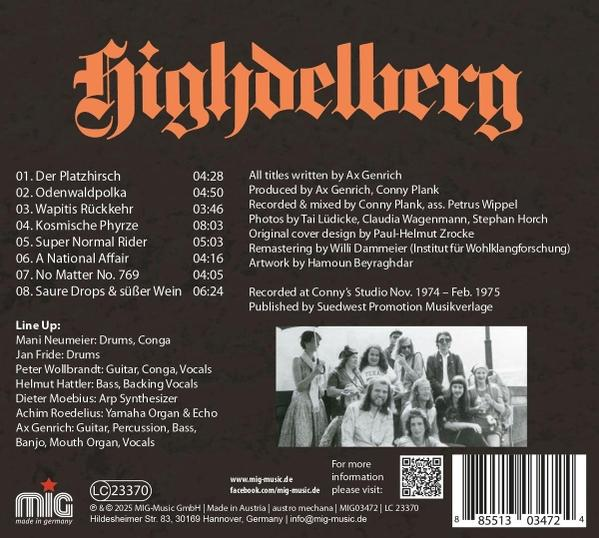 CD-Rückseite. Band Highdelberg, Titelliste, Credits und Bandmitglieder. Gruppenfoto unten.