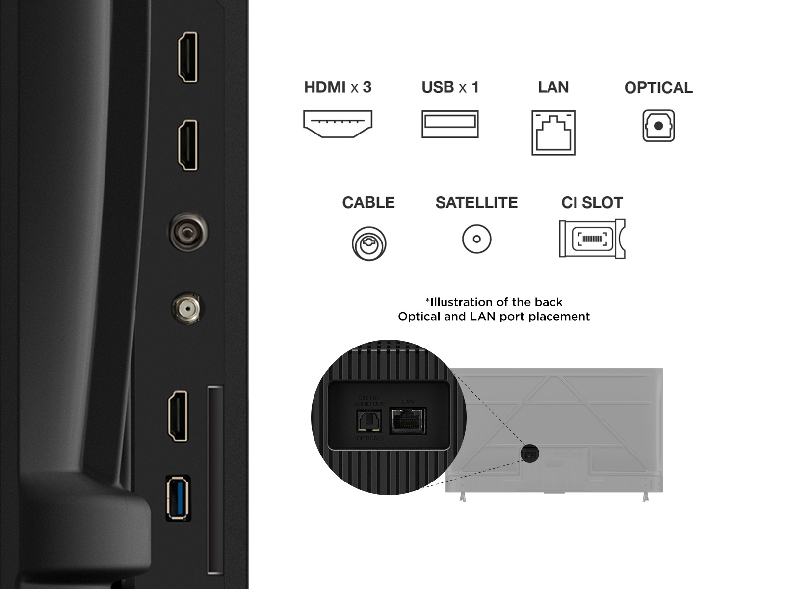 Puertos de TV. Se muestran HDMI, USB, LAN, Óptico, Cable, Satélite, Ranura CI.