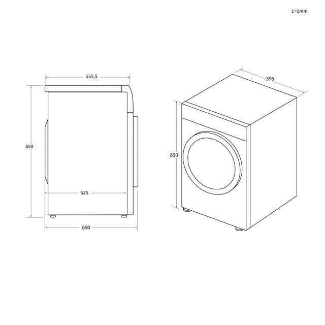 Diagramm einer Waschmaschine mit Abmessungen. Es zeigt Seiten- und Vorderansichten. Die Maße sind in Millimetern angegeben.