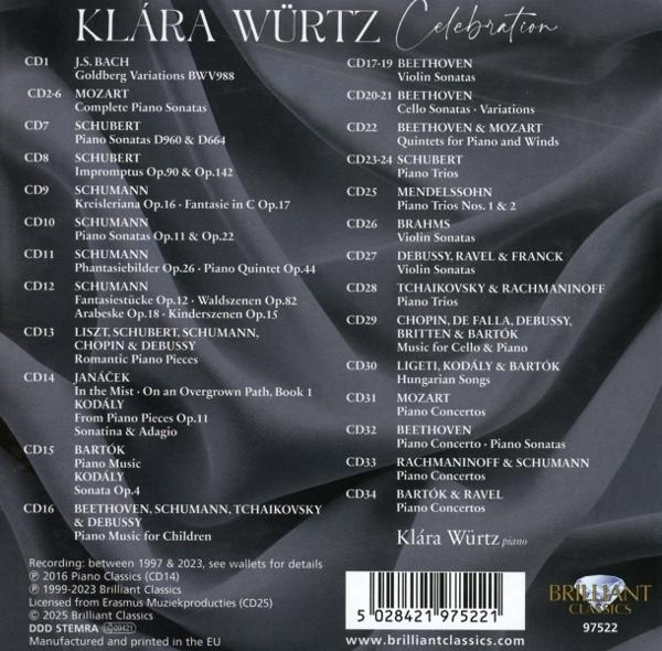 CD-Cover mit Text. Es listet Musikwerke verschiedener Komponisten und den Namen der Pianistin Klára Würtz auf.