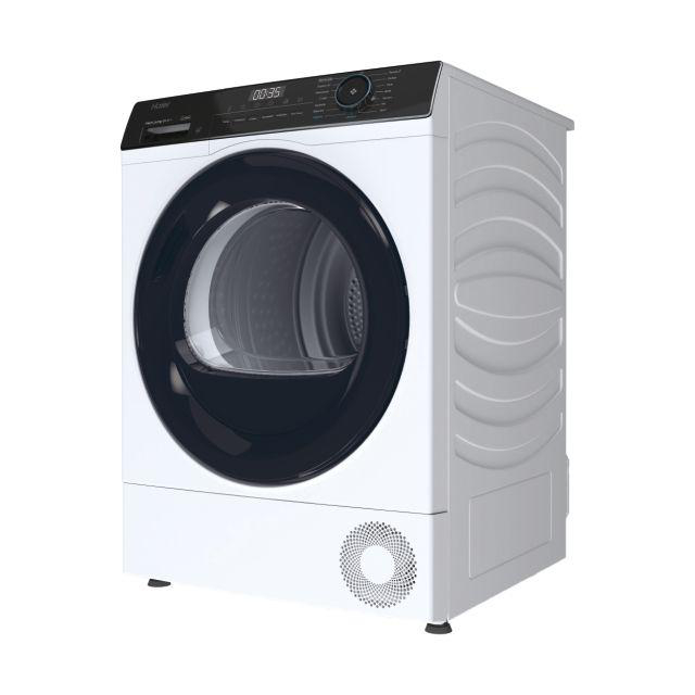 Weißer Haier-Trockner, schwarze Tür, Digitalanzeige oben. Graue Seitenverkleidung. Vorne ein kreisförmiges Ventil.