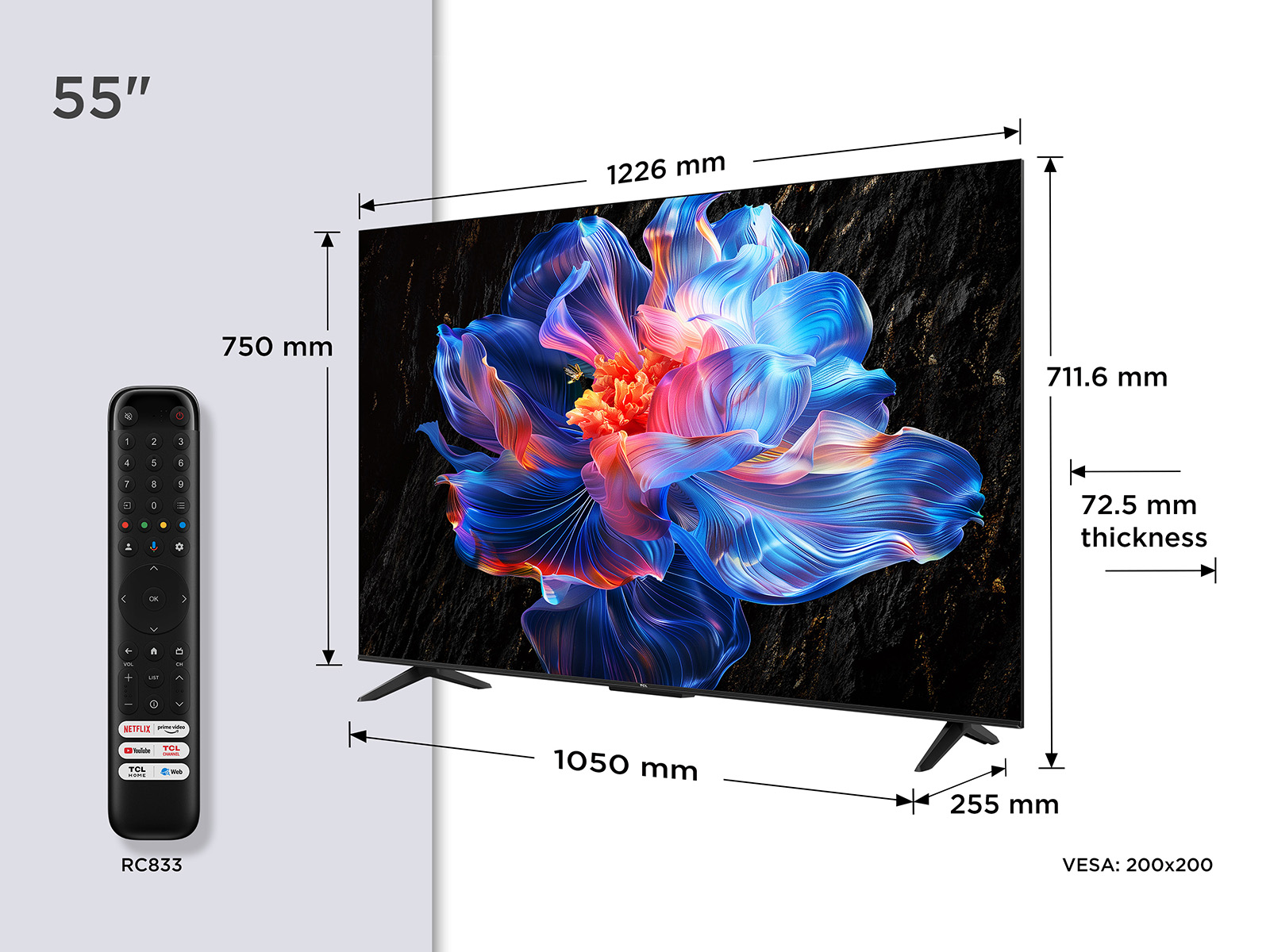 TV con mando, dimensiones, 55", 1226x750x72.5mm, base negra, arte floral en la pantalla.
