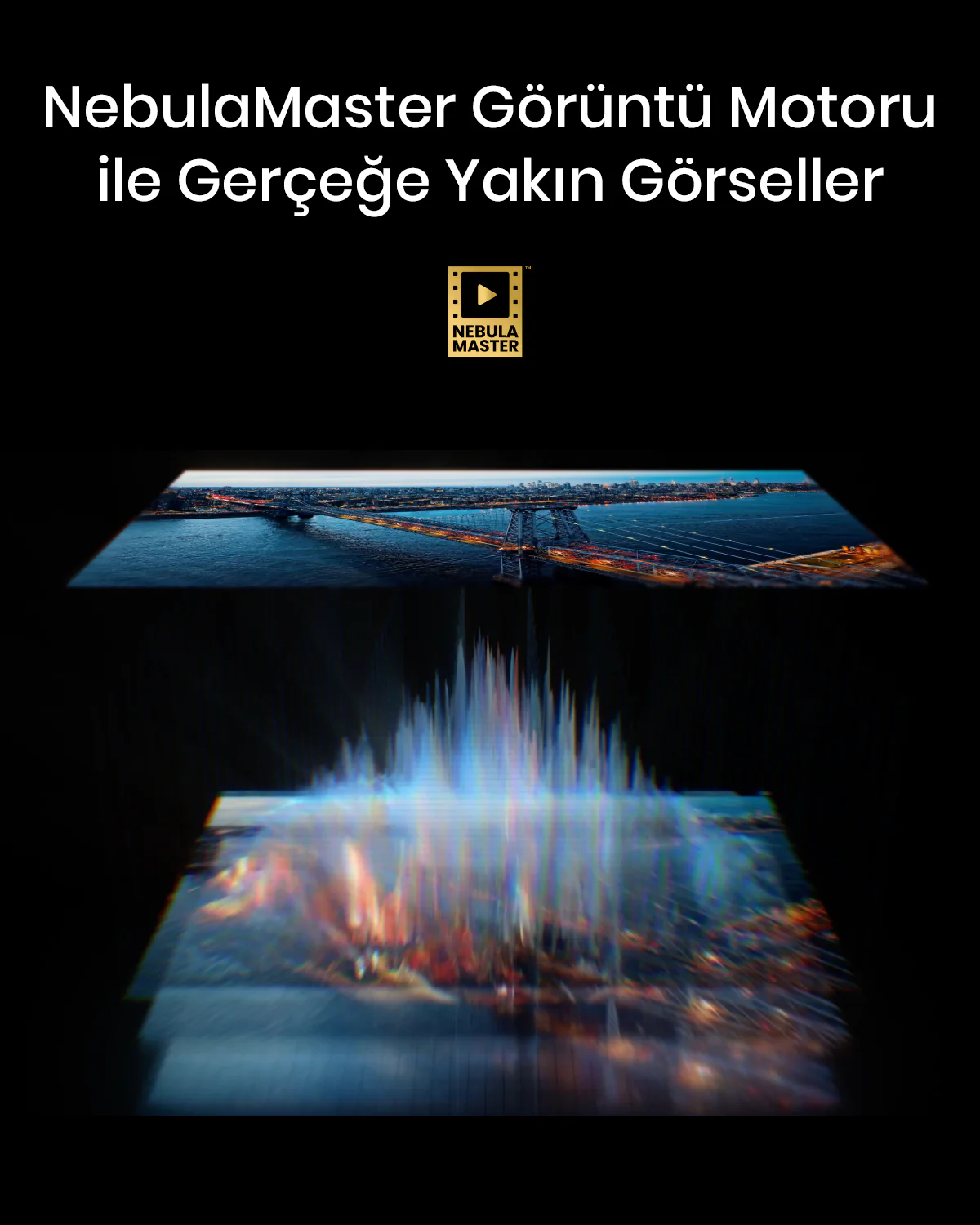 Görselde bir şehir manzarası ve soyut renk formları, Türkçe "NebulaMaster" yazısı yer alıyor. Bir logo da görülebilir.