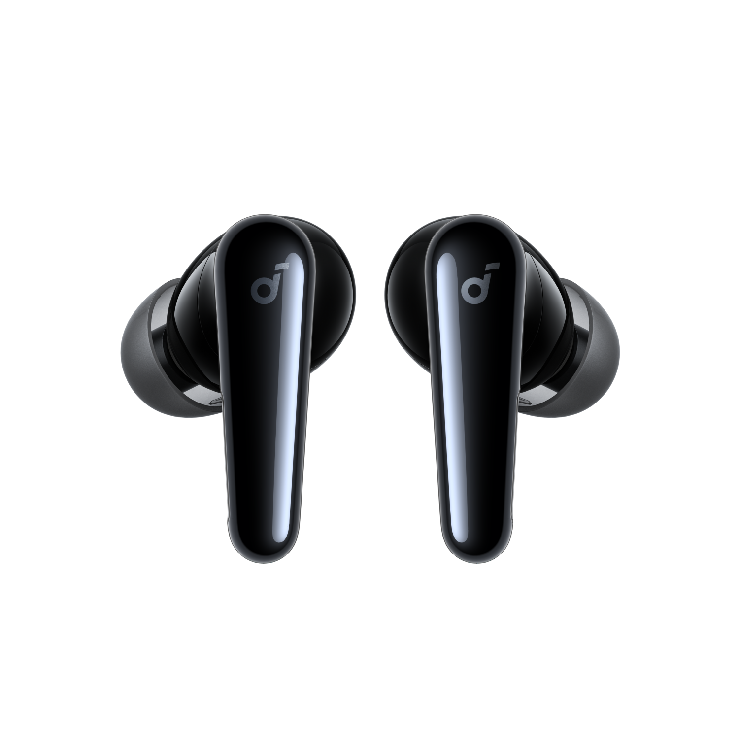 Two black earbuds on a black background. The earbuds have the brand logo.