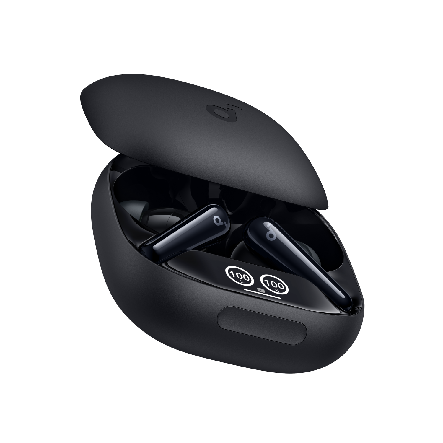 Black earbuds and a charging case. The case is open, showing the earbuds and display.