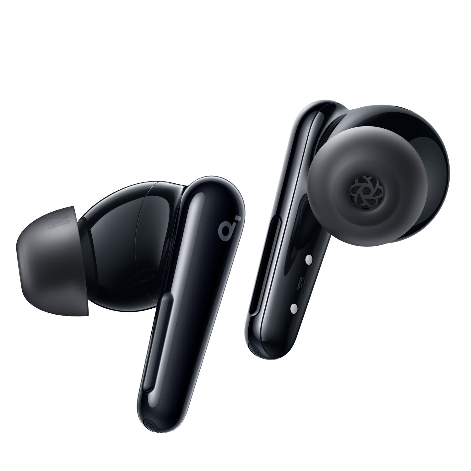 Two black earbuds. One shows the R for right. The other shows the brand logo.