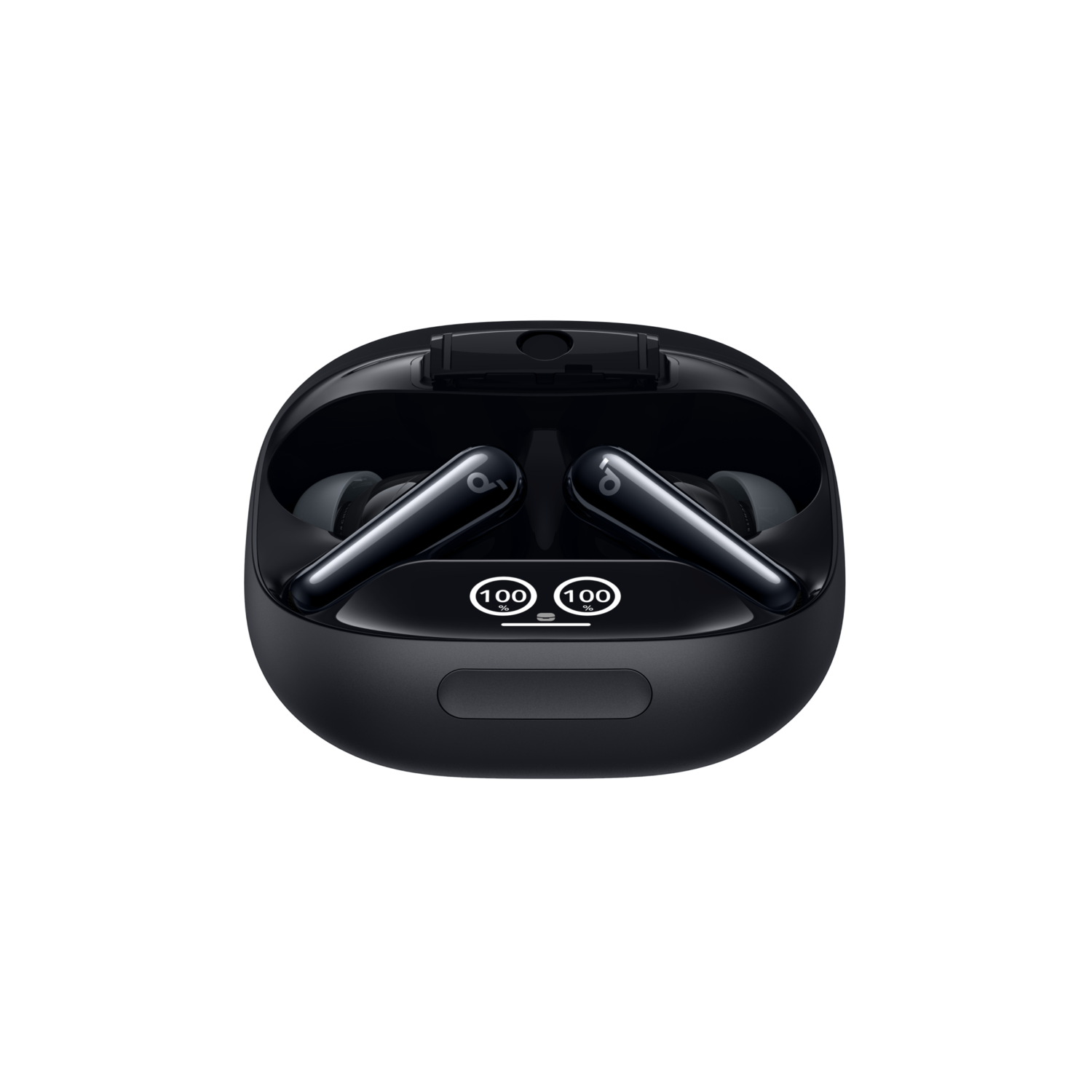 A black charging case with the brand logo. The case is closed on a black background.