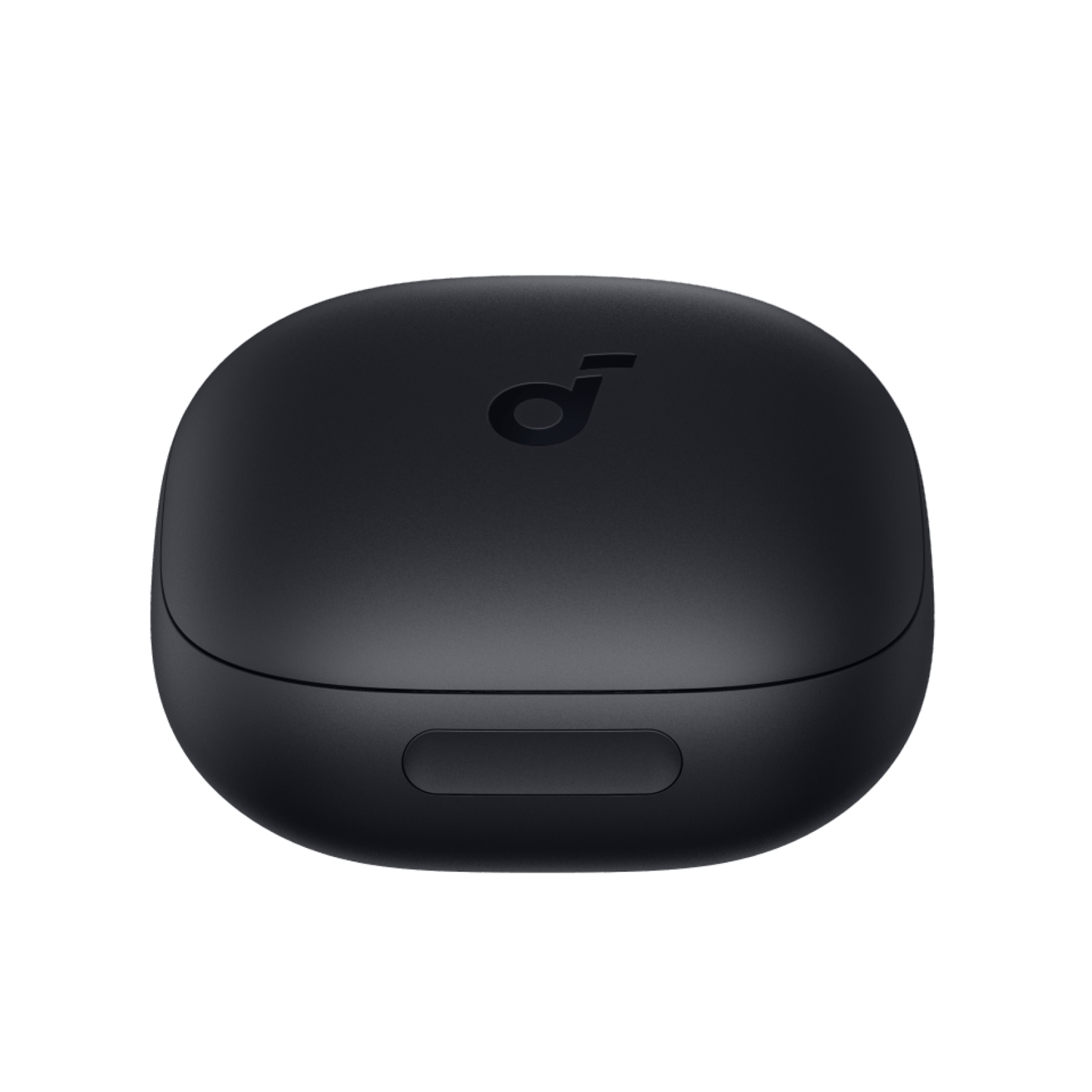 A black charging case with the brand logo. The case is open, showing the earbuds.