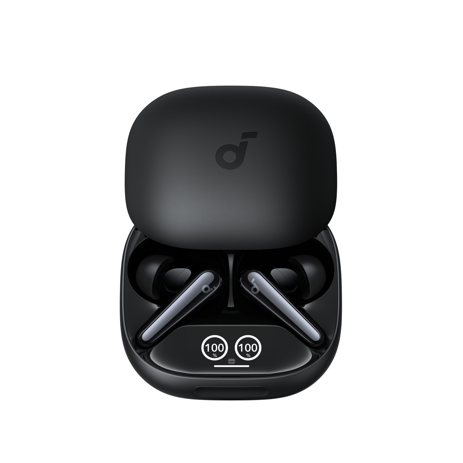 A black charging case, earbuds, and ear tips, and charging cable are on a white surface.
