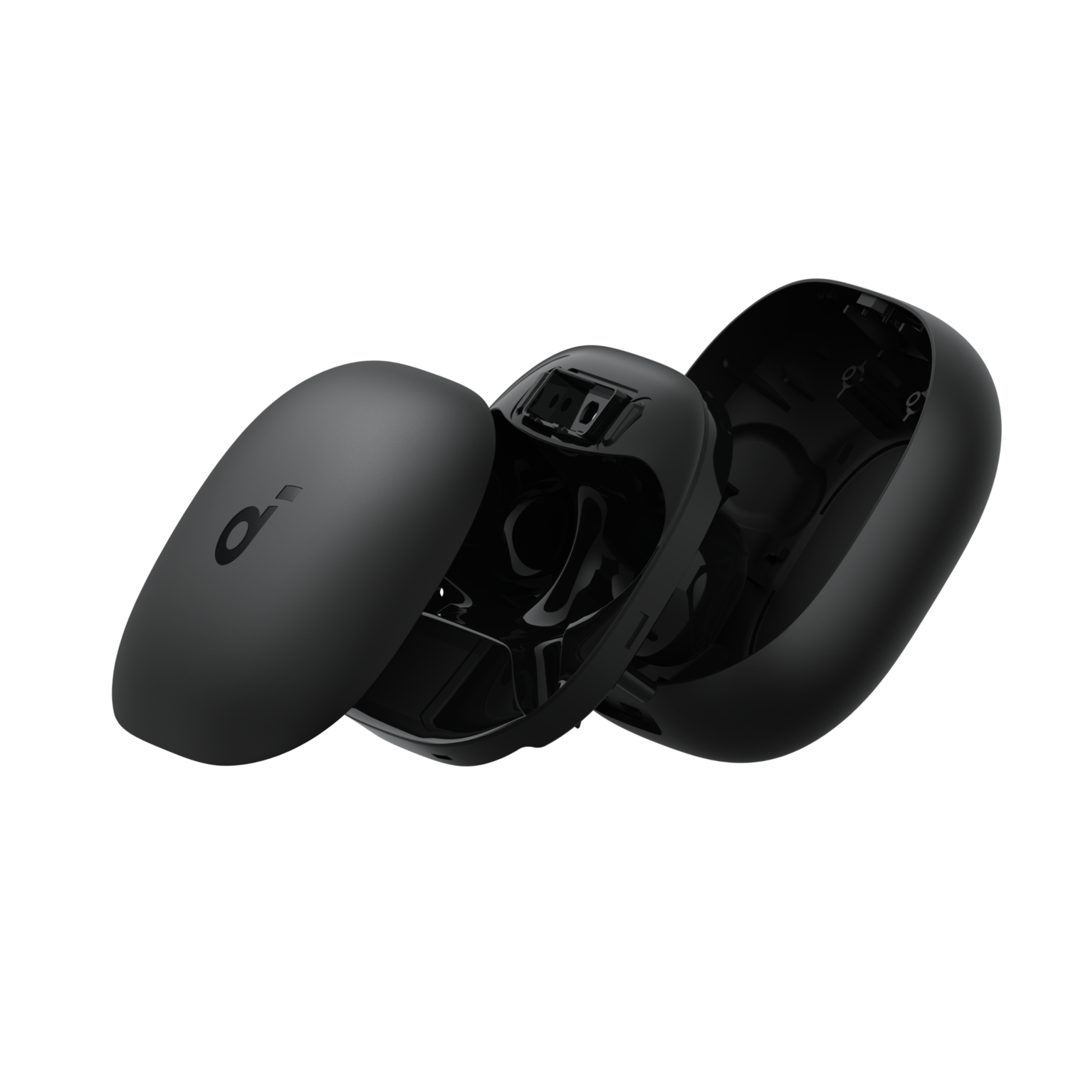 Black earbud case, partially open, showing internal components. The logo is visible on the lid.