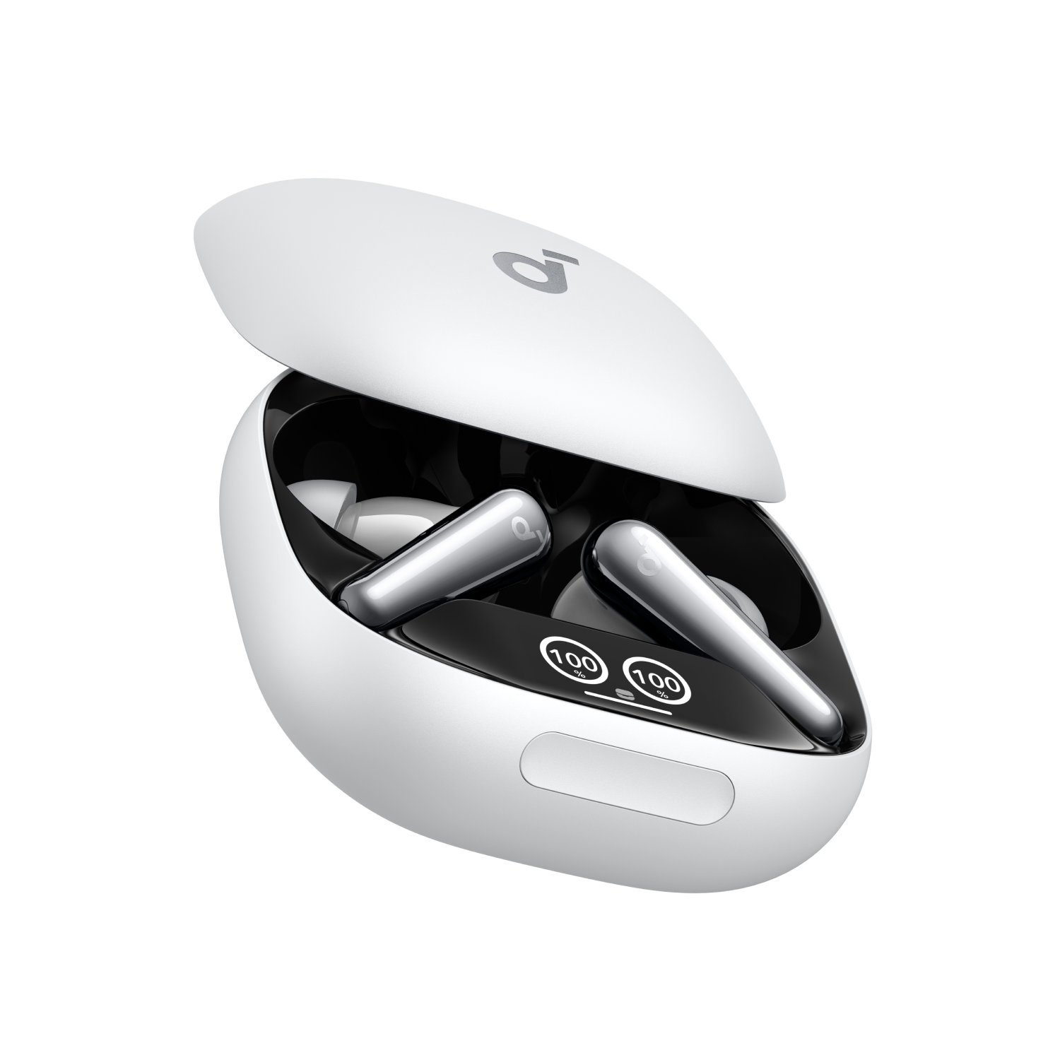 Witte oordopjes case, open, met oordopjes. De case heeft een LED-display met 100%.
