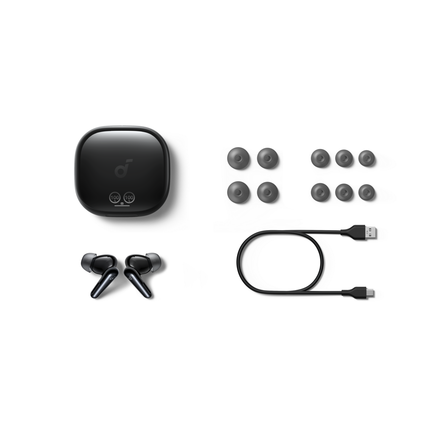 Productset: oplaadcase, oortelefoons, extra oordopjes en een USB-kabel. Witte achtergrond.