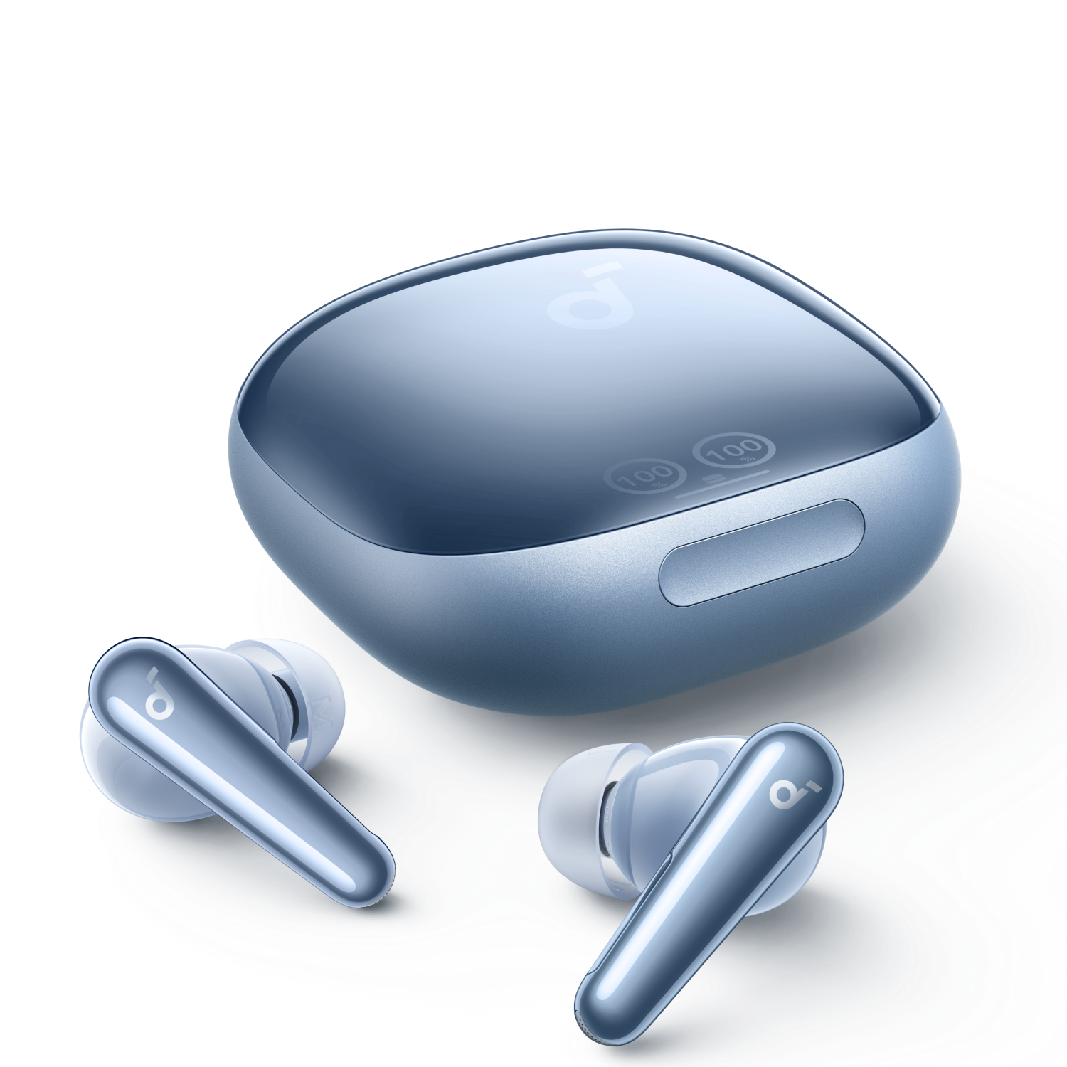 Blauwe oortelefoons, etui. Oortelefoons voor de etui. Witte achtergrond.