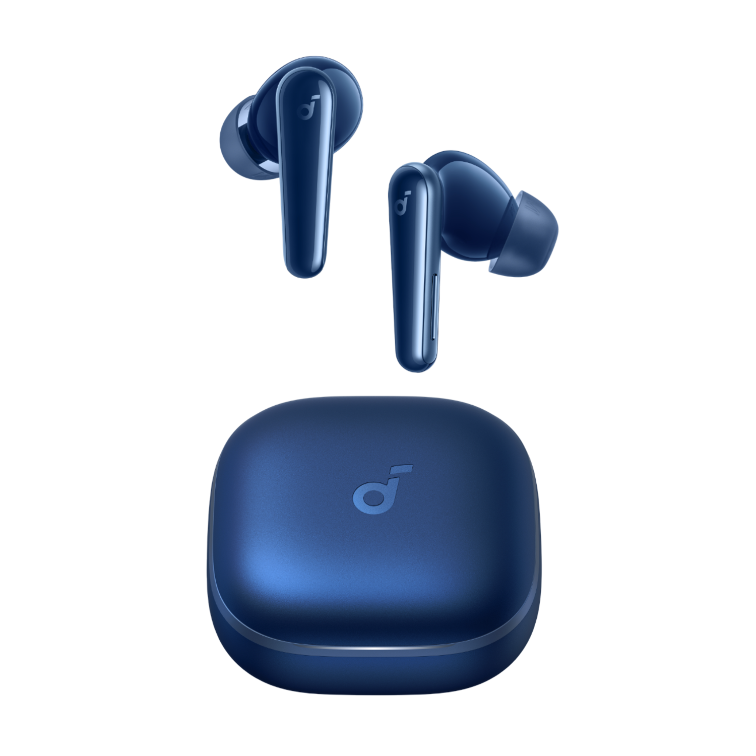 Blauwe oortelefoons en oplaadcase. Twee oortelefoons los, één in de case.