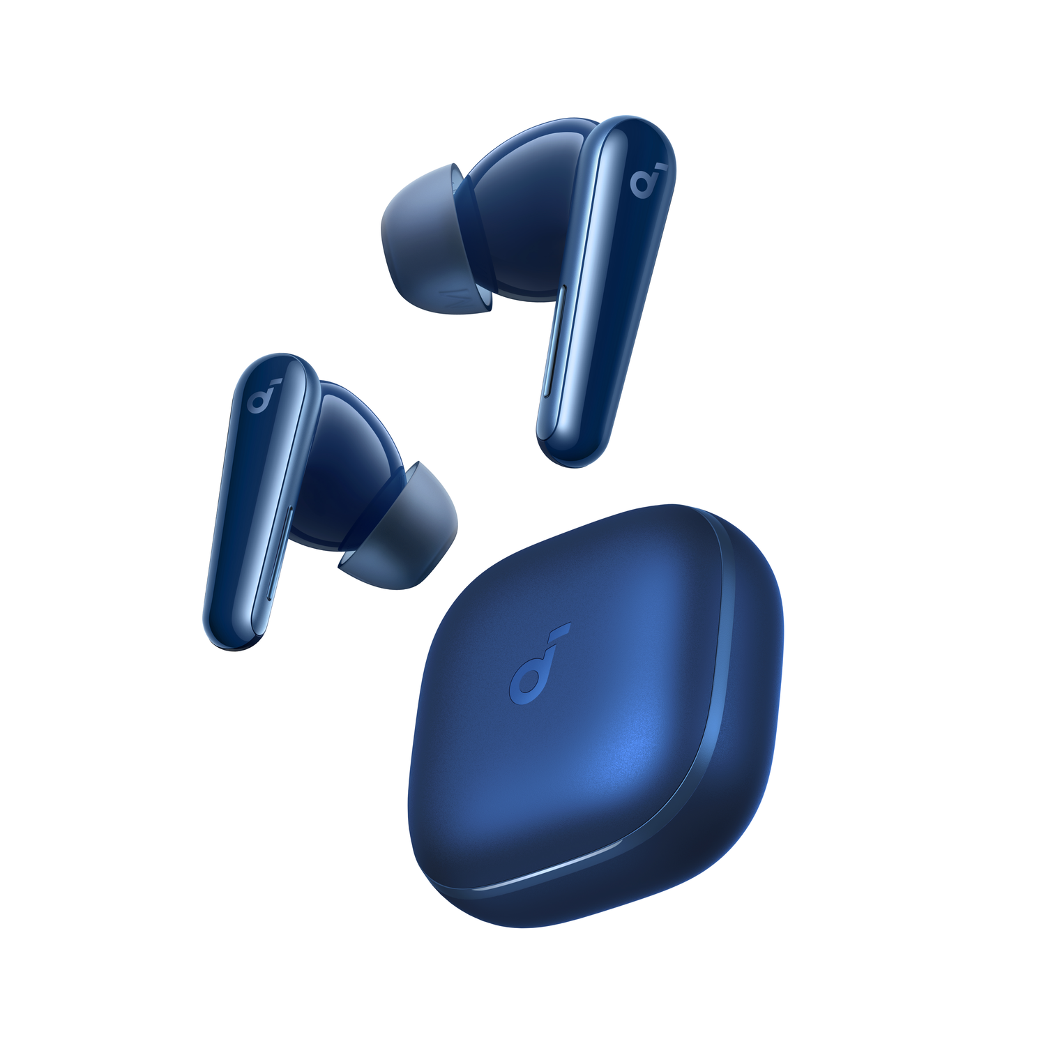 Blauwe oortelefoons en oplaadcase. Twee oortelefoons los, één in de case.