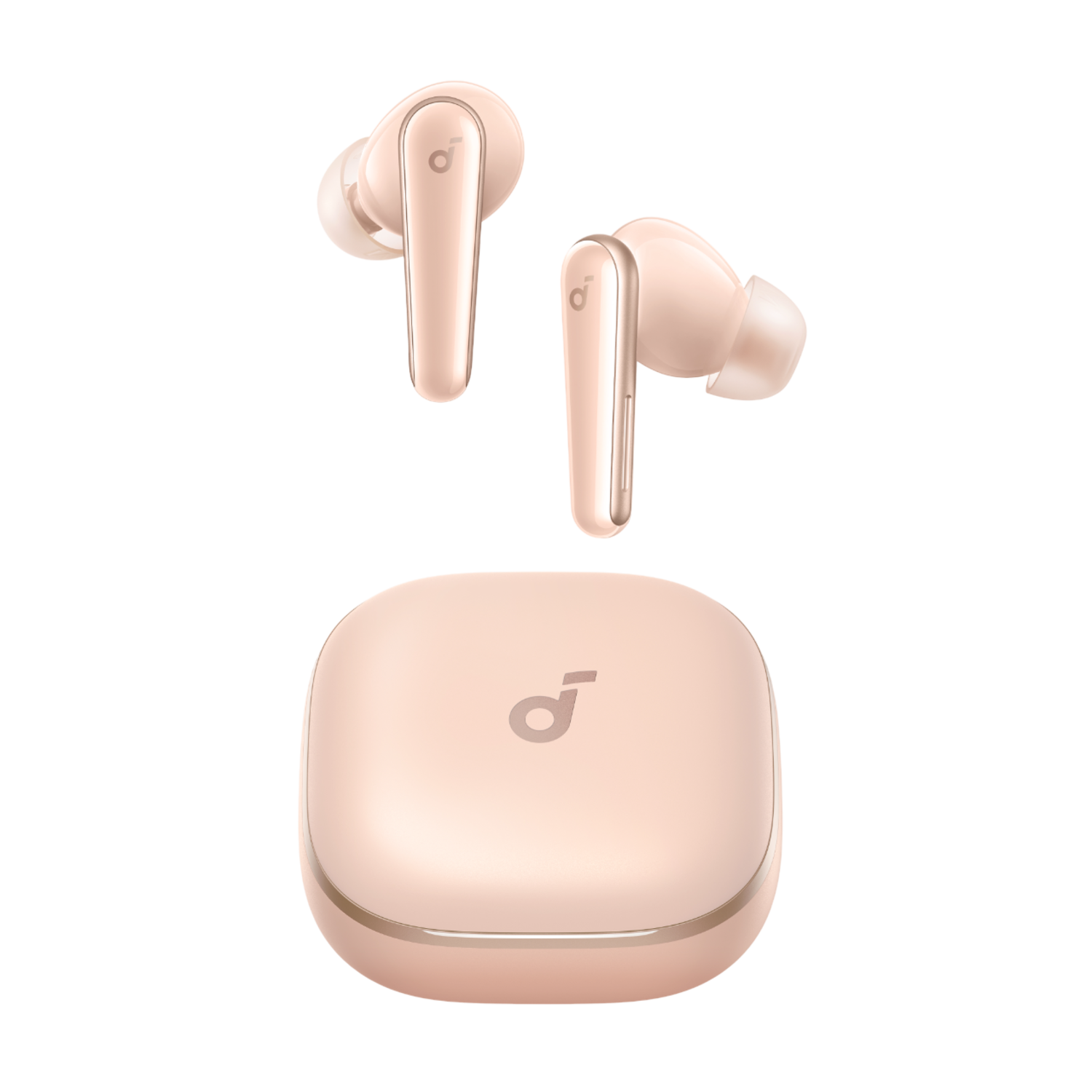 Roze oortelefoons en oplaadcase. Twee oortelefoons los, één in de case.