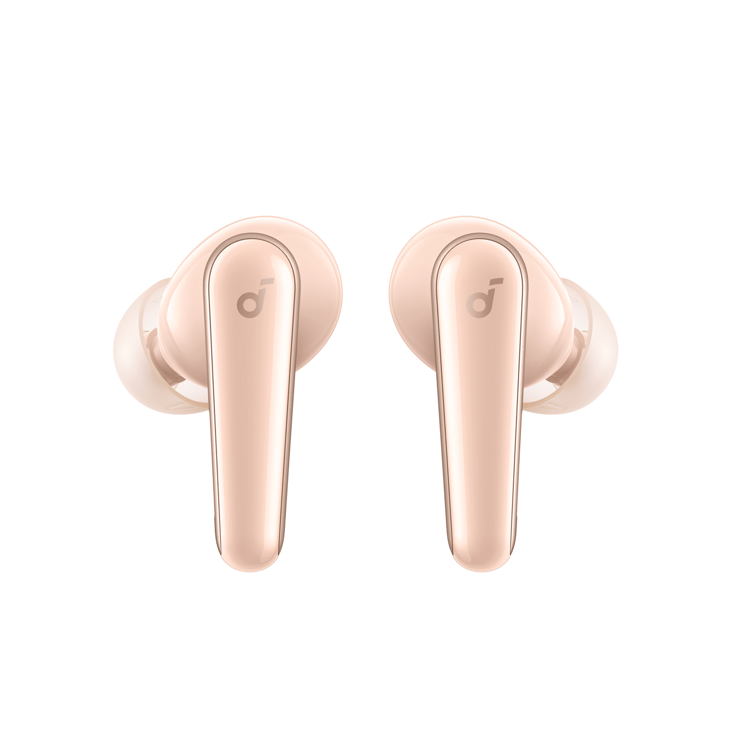 Twee roze oortelefoons op witte achtergrond. De oortelefoons staan naar elkaar toe.