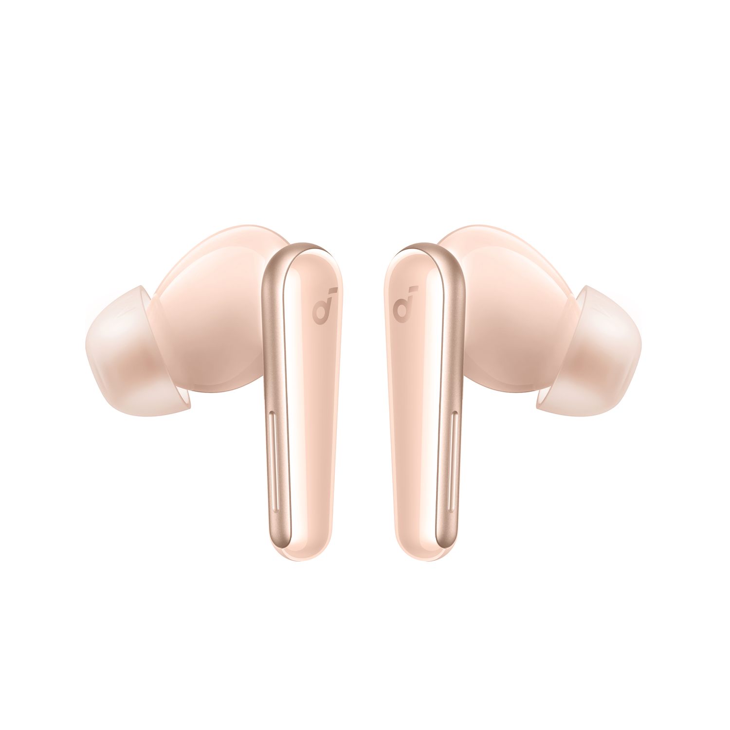 Twee blush-kleurige oortelefoons met het Anker-logo. Witte achtergrond.