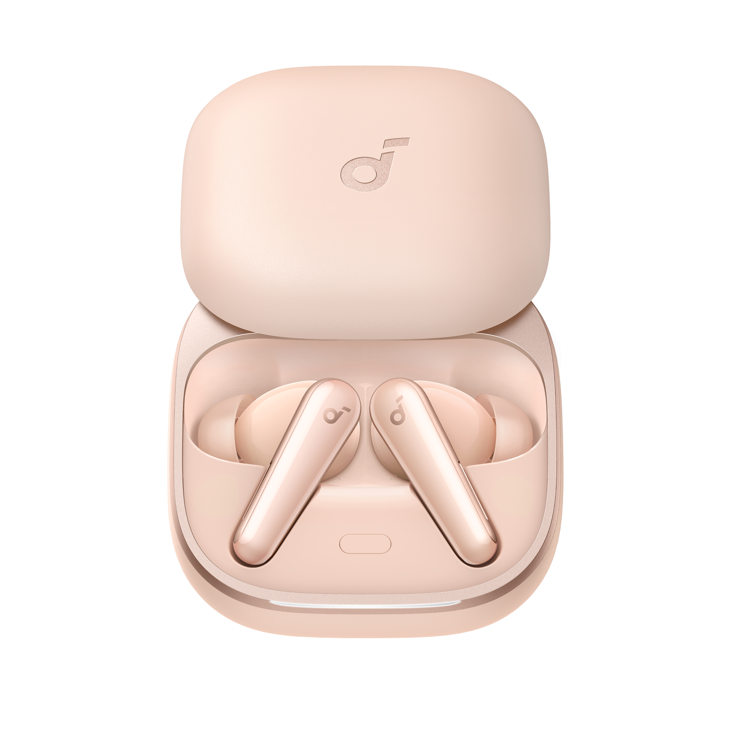 Blush-kleurige oortelefoons in een open etui. Etui blush. Witte achtergrond.