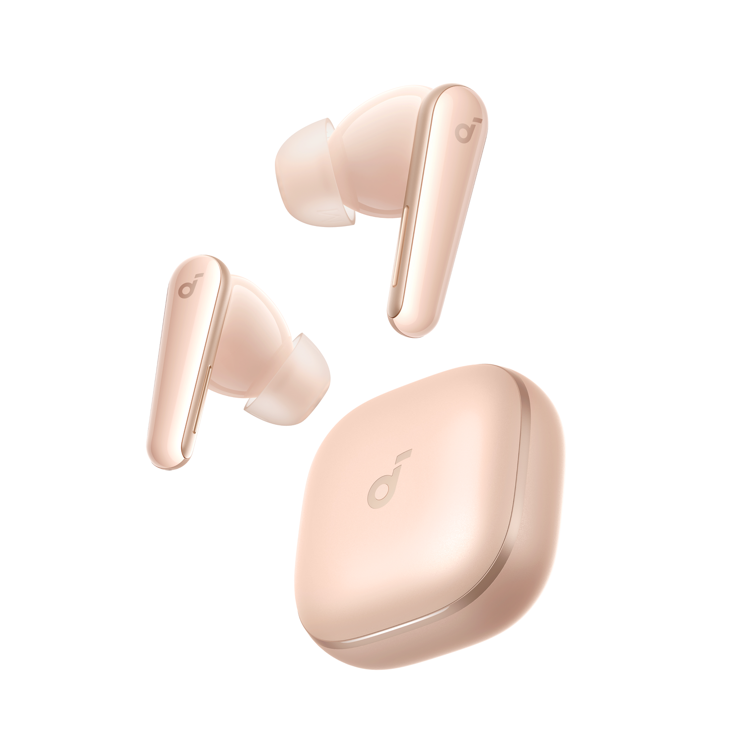 Blush-kleurige oortelefoons en etui op wit. Eén oortelefoon en etui in de lucht.